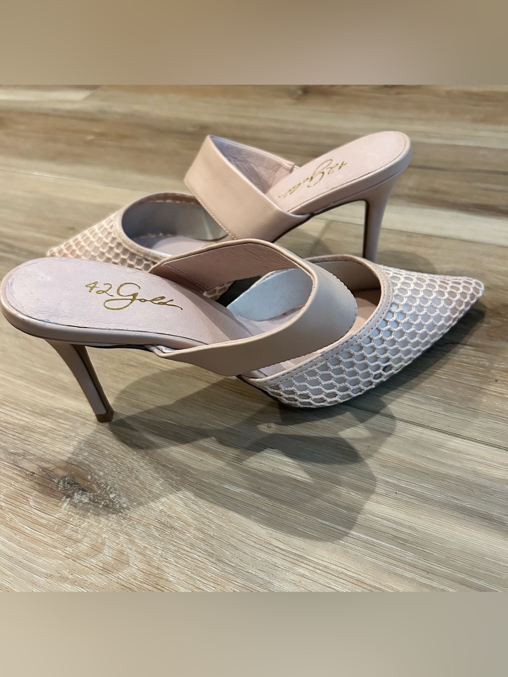 42 GOLD Blush Nude Mesh Pointed-Toe Mule Heels
